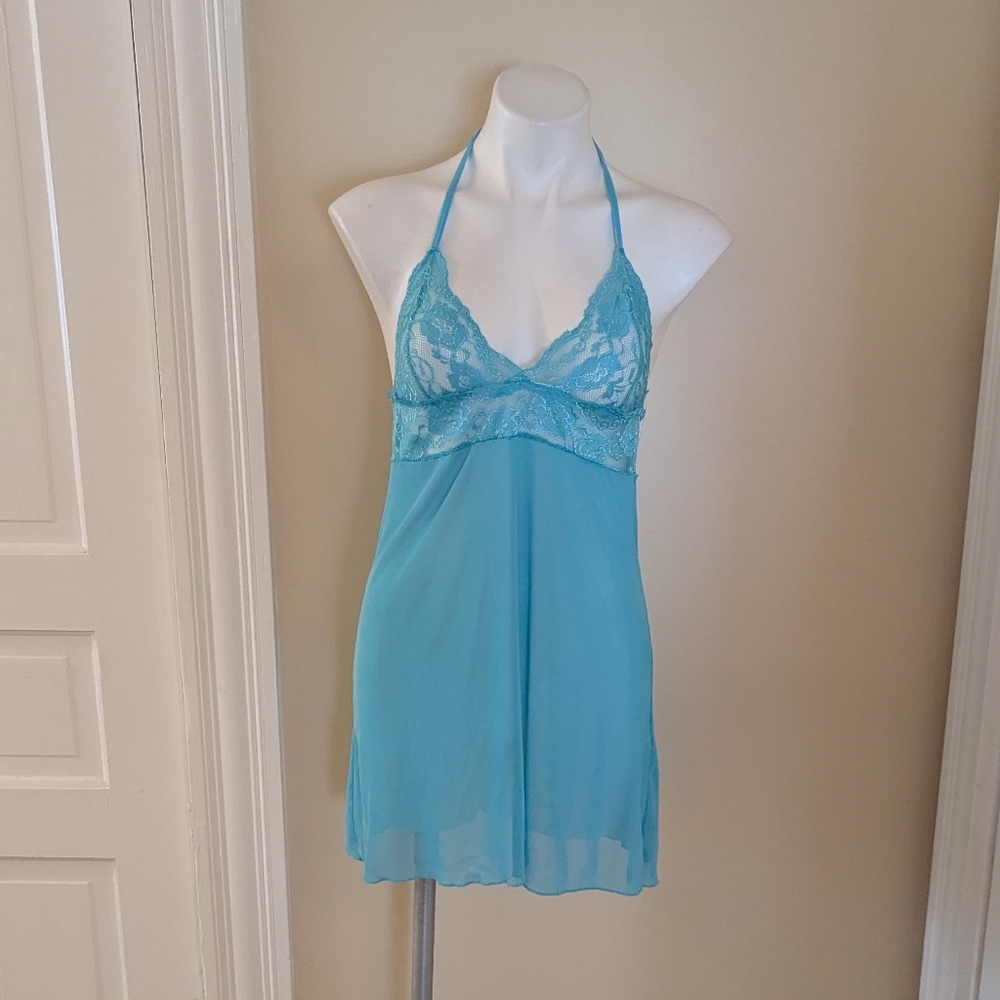 Penthouse blue sheer lace halter top nightgown lingerie size S